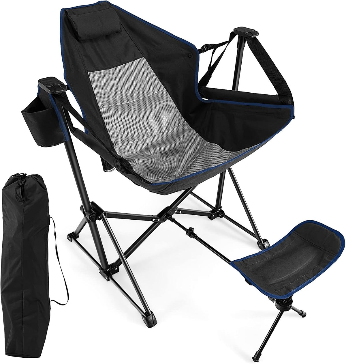 GIANTEX Outdoor Hammock Camping Chair - Rocking Chair with Removable Footrest, Adjustable Backrest, Pillow, Cup Holder, Storage Bag, Portable Fishing Chair for Poolside Patio Folding Chair (1, Black)