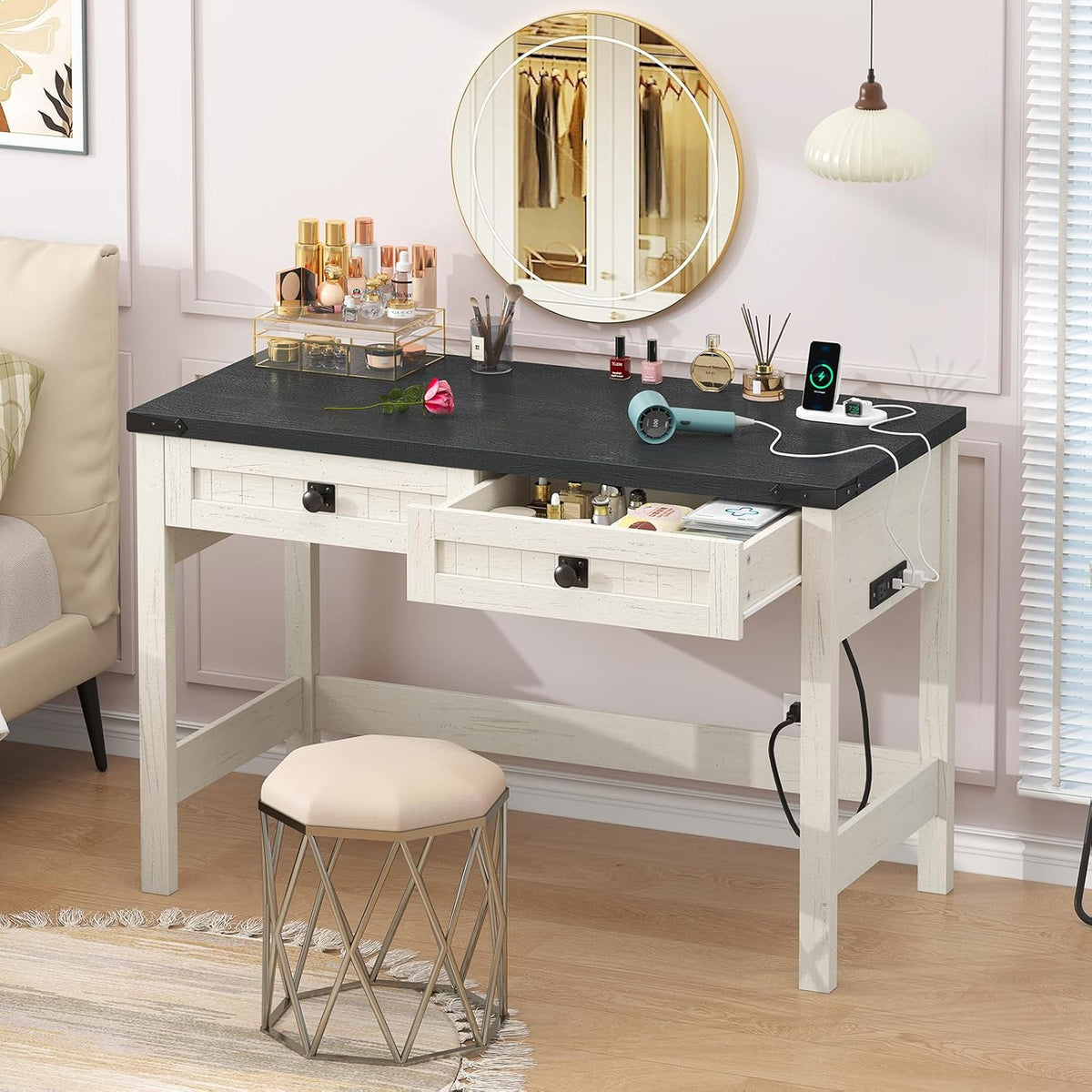 39 Inch Farmhouse Small Computer Desk with Drawers for Bedroom, Home Office