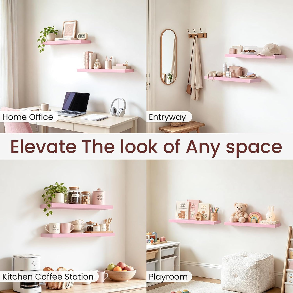 BAYKA Pink Floating Shelves 22.5in, Set of 2, Wall Mounted for Wall Decor