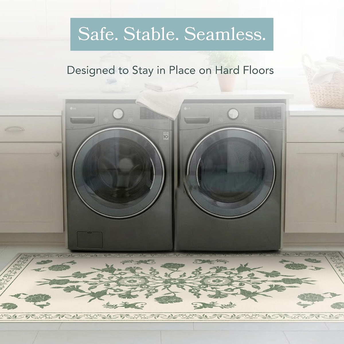 Carolina Creekhouse Vinyl Floor Mat 4'x6' - Green & Cream Floral Pattern - Waterproof Non-Slip Kitchen Rug - Hard Floor Safe - Eco-Friendly Flat Weave - 4'x6'