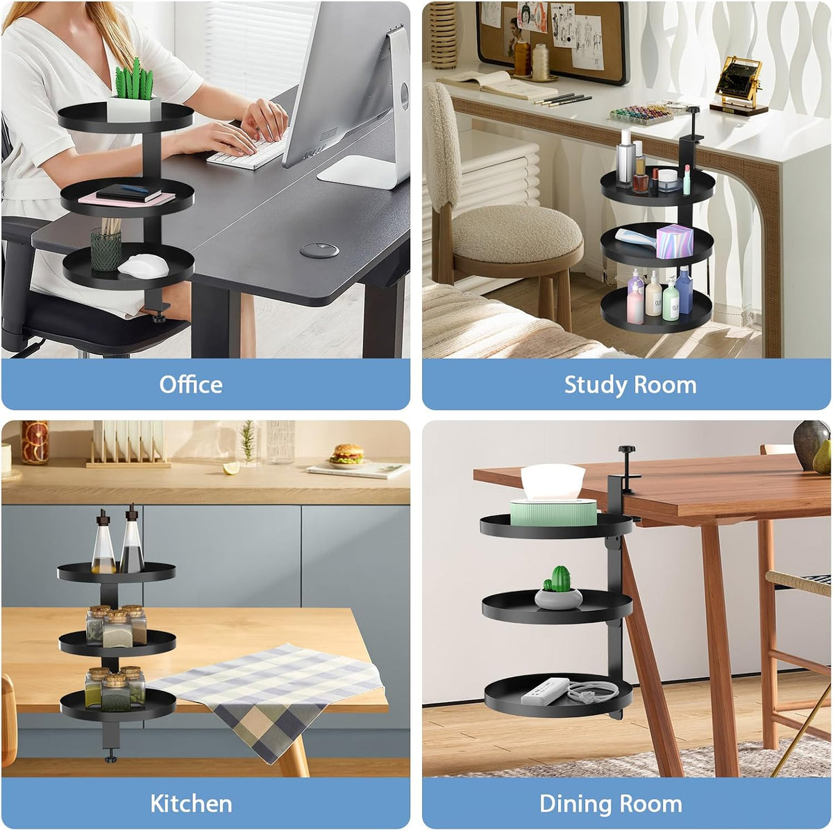 Swivel Clamp On Desk Shelf with 9.8in Adjustable Metal Storage Tray Above or Under Desk Storage 3-Tier Desk Extension Shelving Unit No Drilling Desktop Shelves for Max Desktop Thickness 2.4in