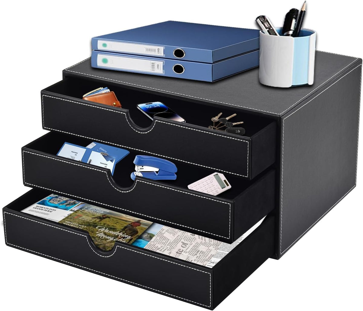 PU Leather Desk Organizer with 3 Drawers,Executive Office Supplies Desktop Filing A4 File Cabinet/Holder for Jewelry/Bill/Paper/Documents/Makeup Home Decor Stationery Storage Box,Black