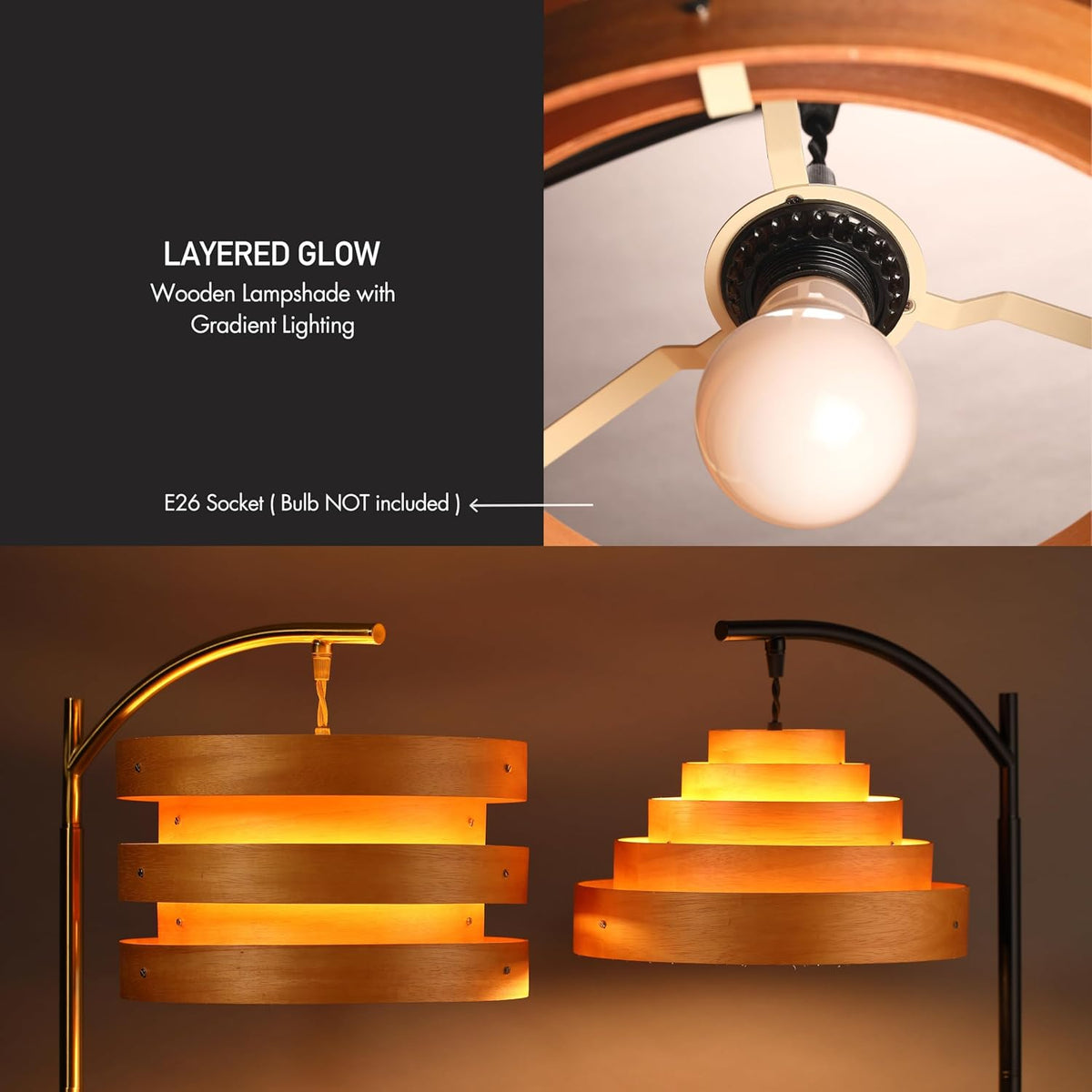 O’Bright Strata Wooden Floor Lamp - Mid Century Modern Standing Lamp with Layered Wood Shade, Tall Reading Lamp for Living Room, Bedroom, Office, Black, Light Oak, Horizon Shade