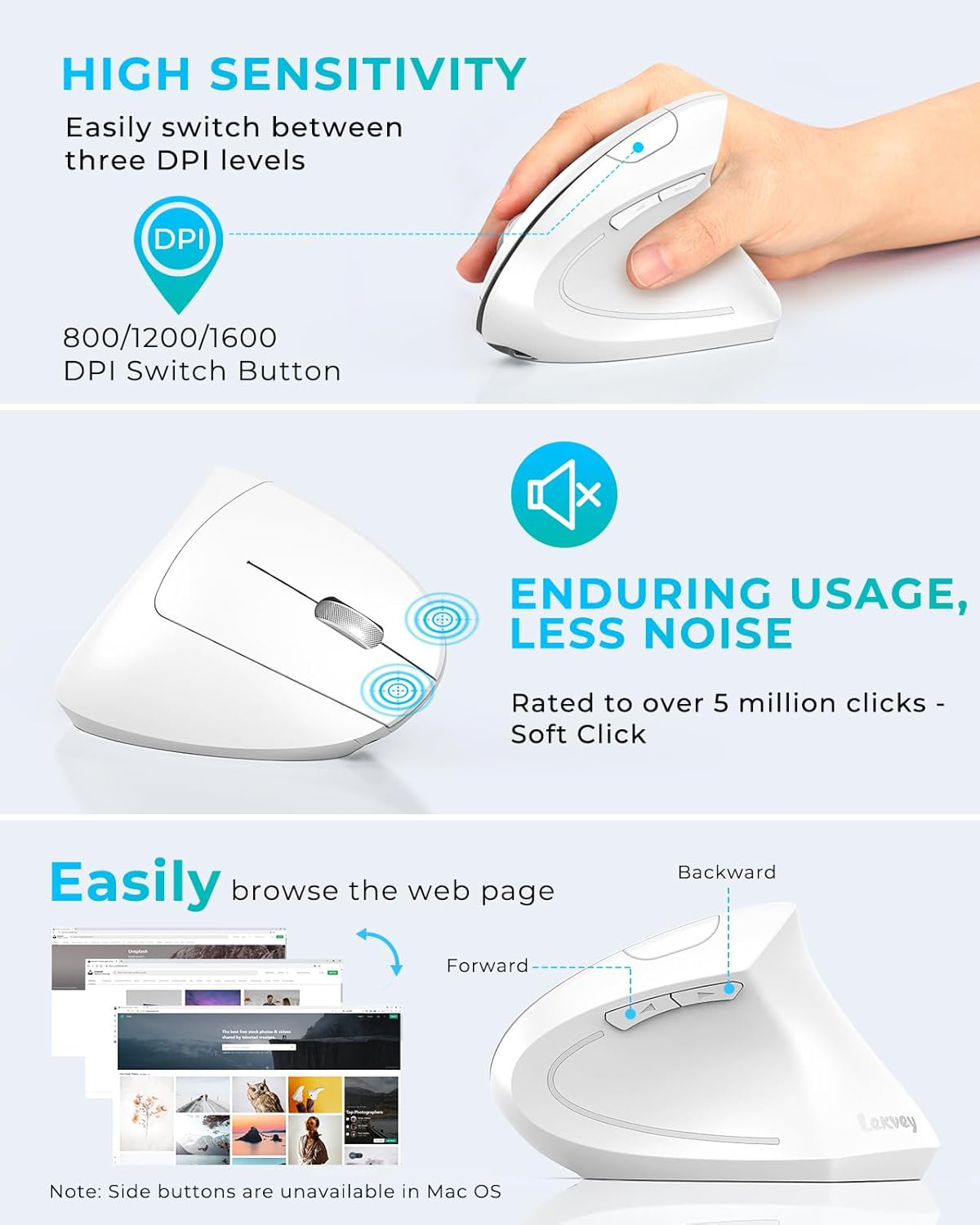 Lekvey Ergonomic Mouse, Rechargeable Vertical Wireless Mouse, White