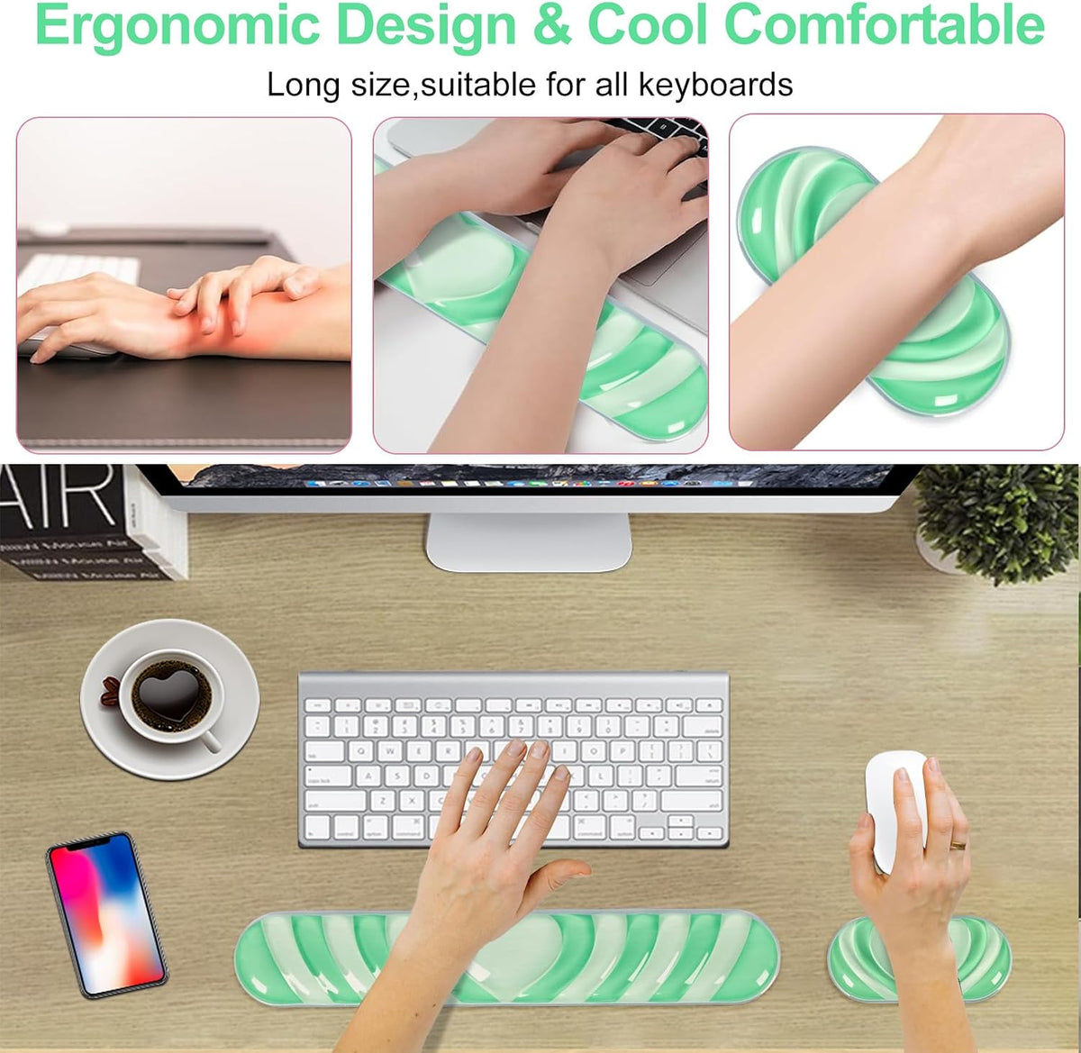 L-SPOUTTO Green Cute Ergonomic Gel Wrist Rest for Mouse and Keyboard