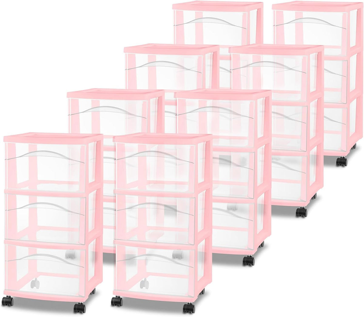 Sterilite 3-Drawer Cart with Wheels for Bedroom and Dresser, 8-Pack