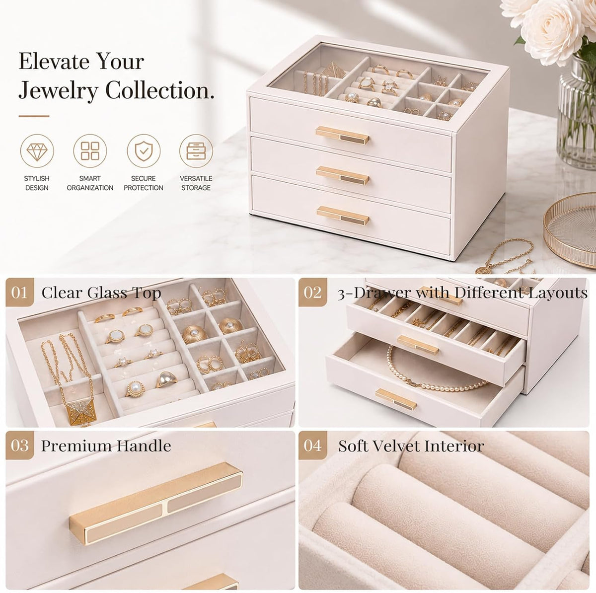 Vlando 3-Drawer Jewelry Box Organizer with Glass Lid, Pink Beige