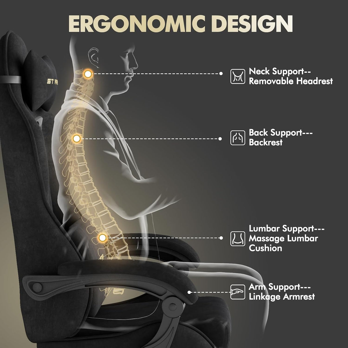 Gaming Chair Racing for Adult, Office Chair with Footrest Massage Lumbar Cushion, Velvet Fabric Reclining Video Game Chairs, Ergonomic Computer Chairs Height Adjustable, for Home Streaming, Black