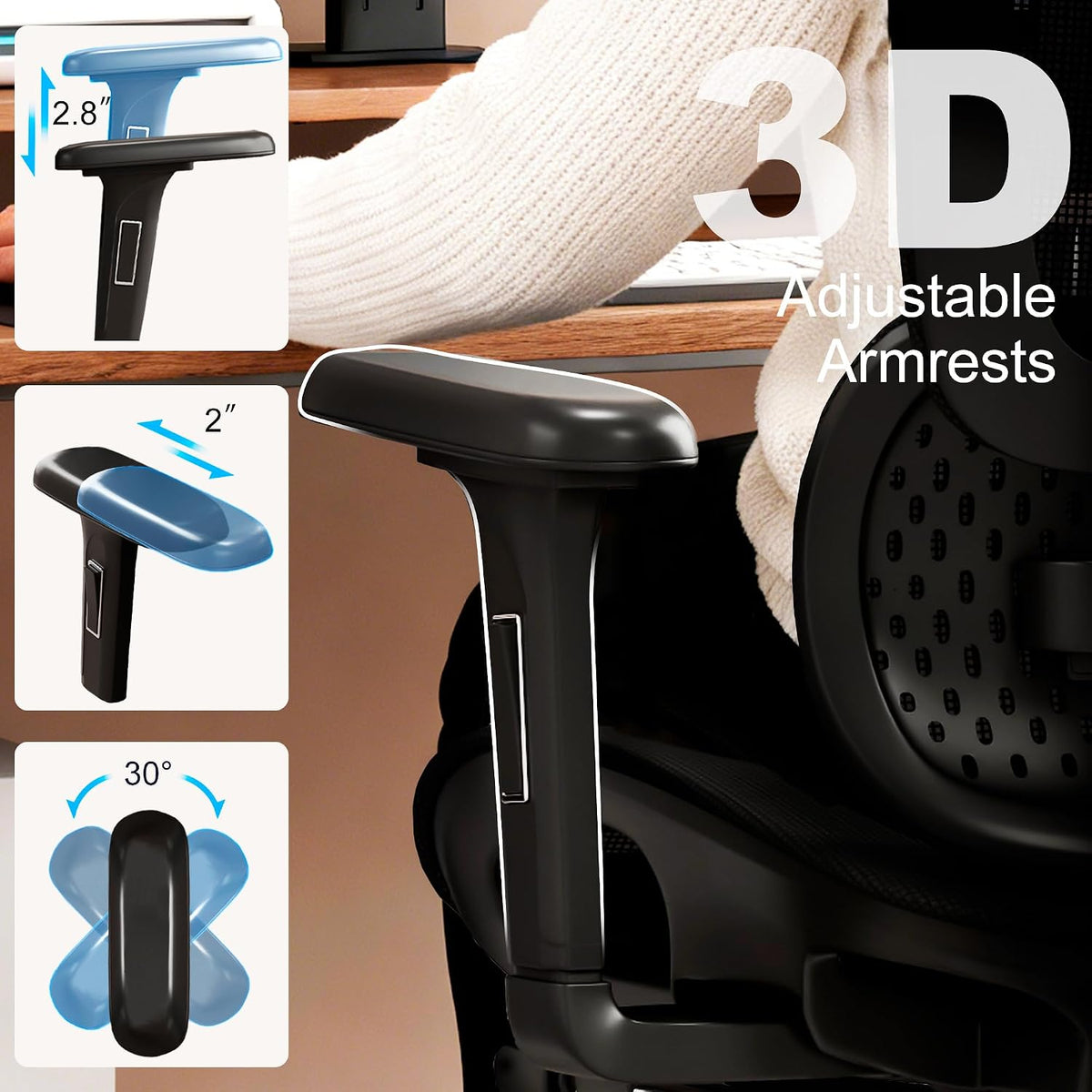 Vonesse Ergonomic Office Chair with Footrest, Desk Chairs with Adjustable 3D Headrest and Armrests, Computer Gaming Chair with Dynamic Lumbar Support & Adjustable Depth Breathable Mesh Seat (Black)