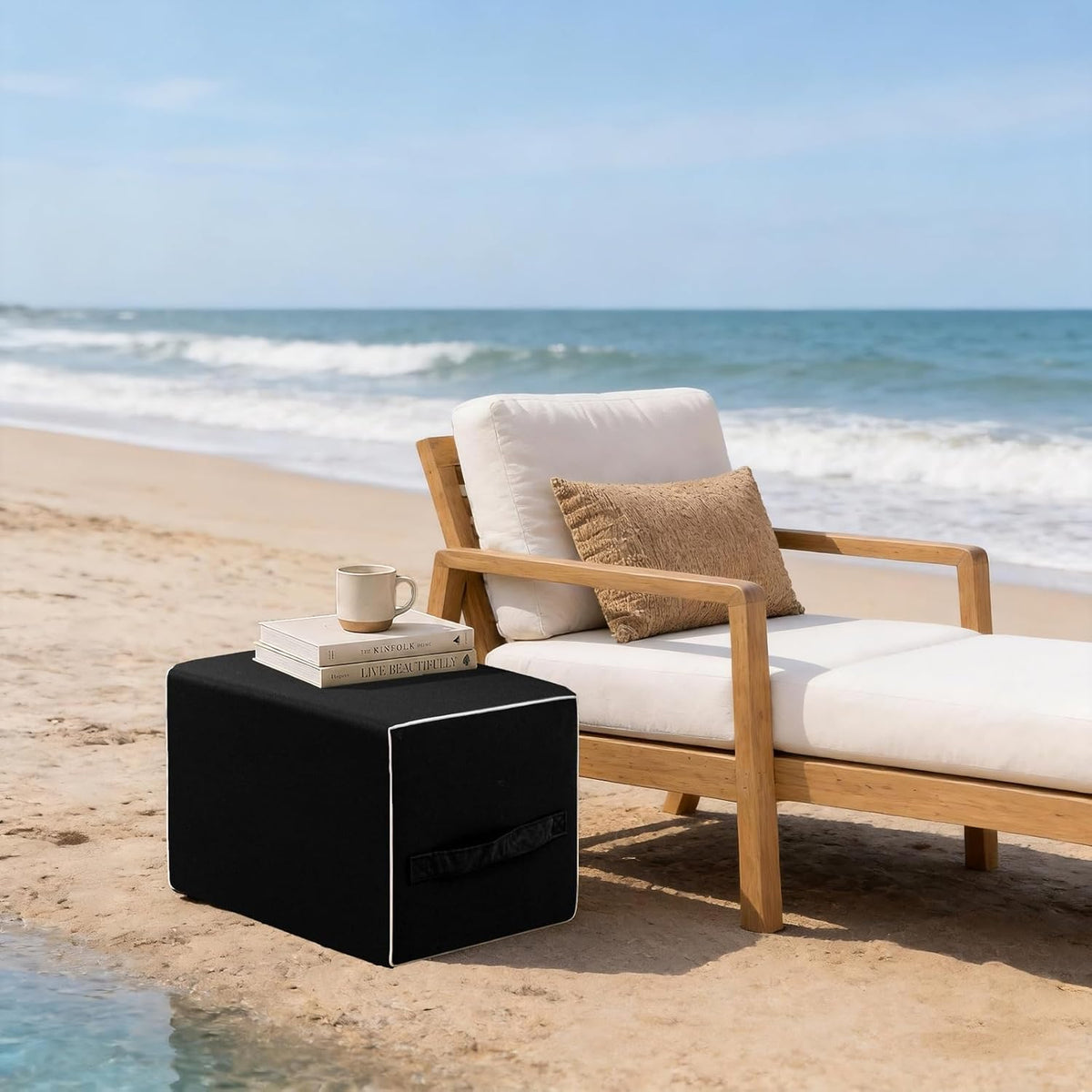 Patio Outdoor Ottoman & Footrest Pouf – All-in-One Foam-Filled Design, Weather-Resistant Zippered Removable Cover, Rectangular Shape (22" x 16" x 14") (Black)
