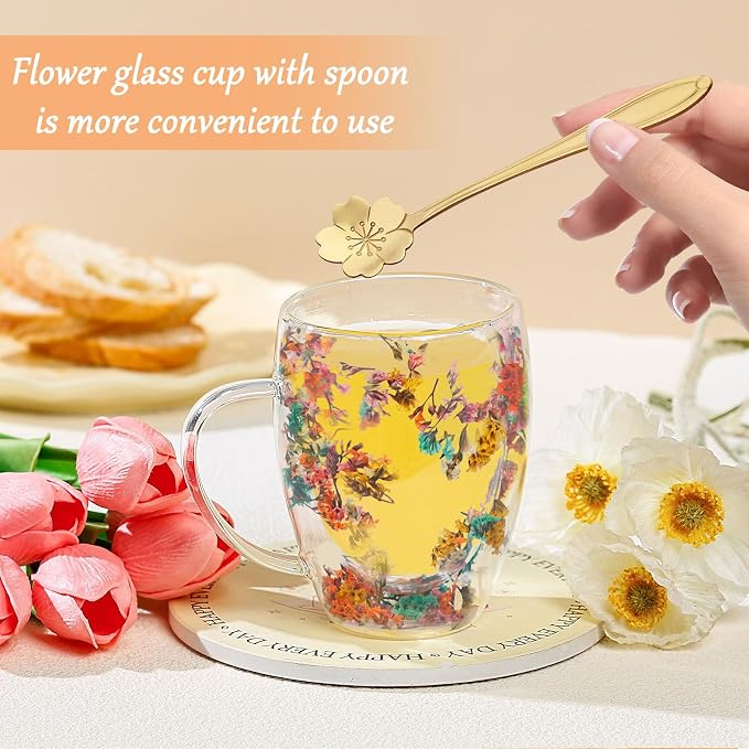 Gifts for Women Dried Flowers Double Wall Glass Coffee Mugs Cute Glass Tea Cups