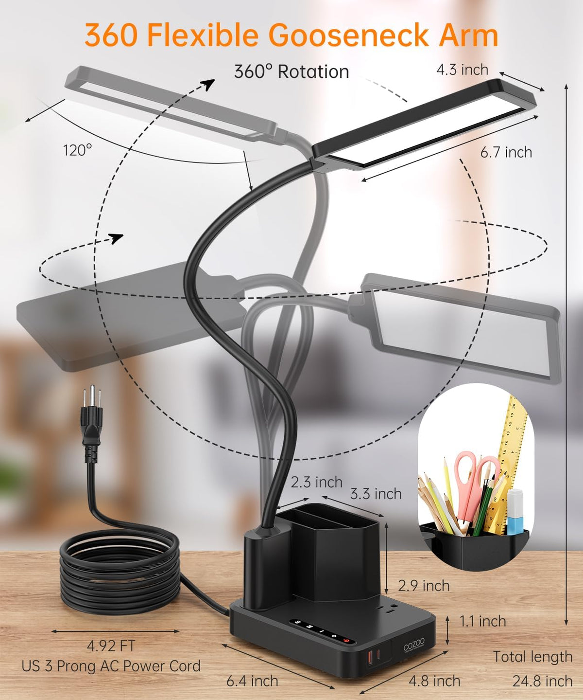 cozoo LED Desk Lamp for Dorm USB A/C Charger Pen Holder 3 Light Modes Black