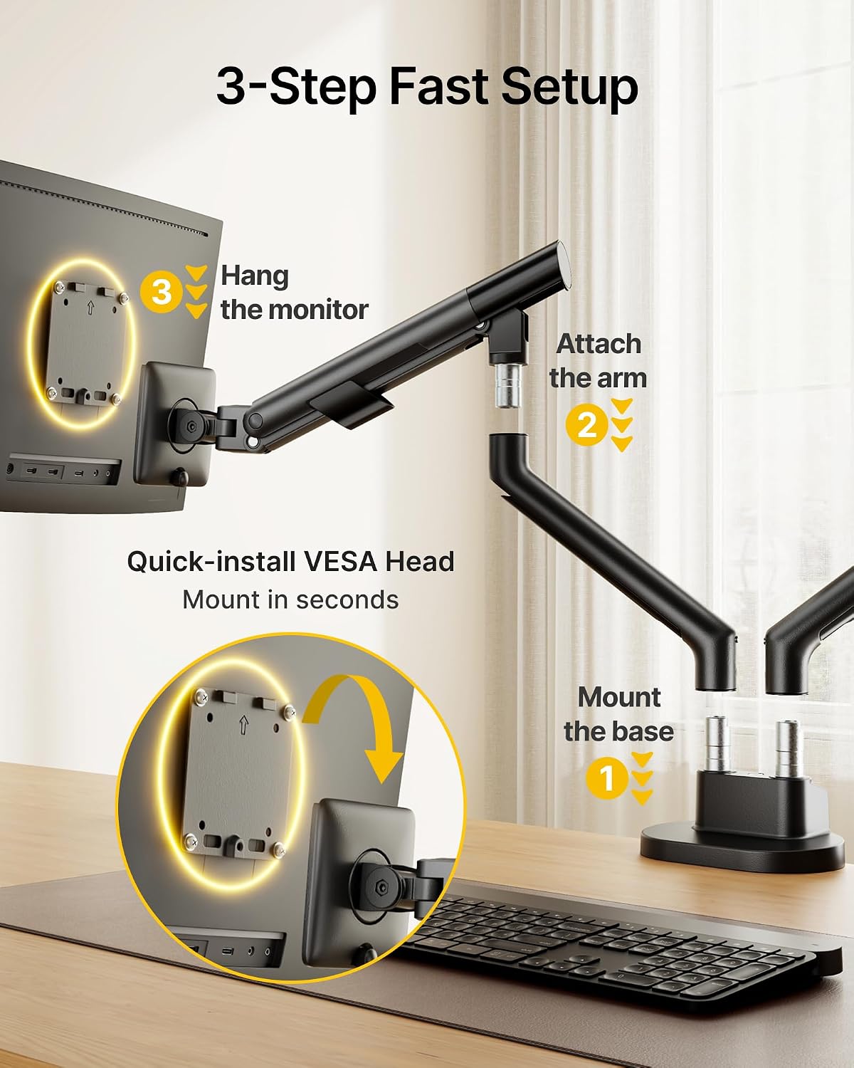 monTEK Aluminum Dual Monitor Arm for 17-40" Screens, 24.3 lbs Each, Black