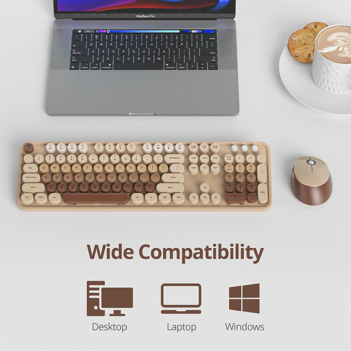 GTSP Retro Wireless Typewriter Keyboard and Mouse Combo, 2.4GHz Full-Size Cute Office Computer Keyboard with Round Keycaps for Desktop Laptop and PC (Colorful Brown)