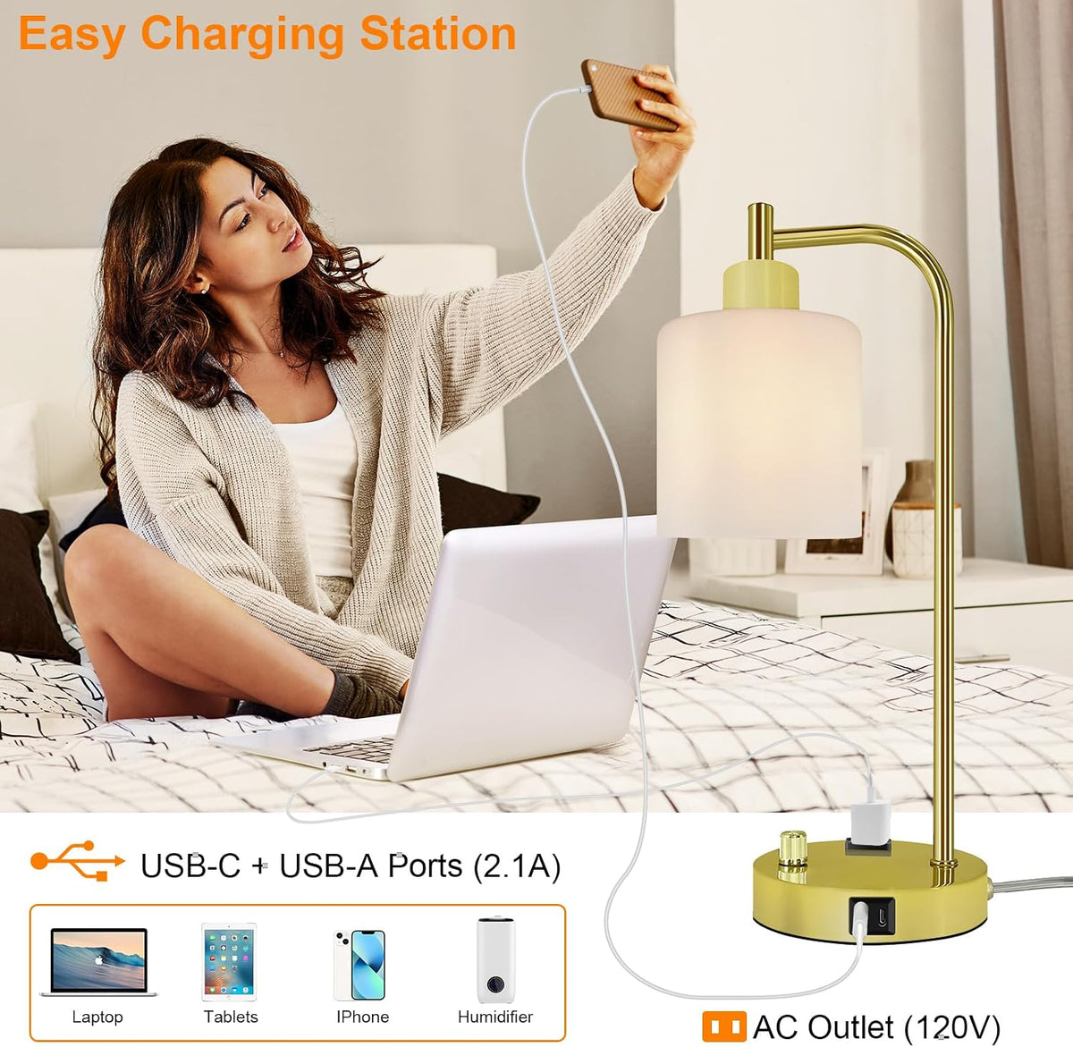 Industrial Table Lamp, Stepless Dimmable Gold Desk Lamp with 2 USB Ports and AC Power Outlet, Frosted GlassShade, Eye-Caring Bedside Nightstand Lamps for Bedroom Living Room Office Reading (GOLD)