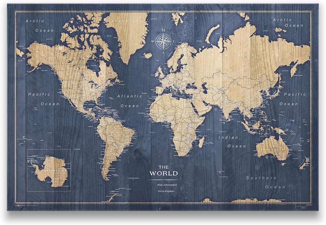 Conquest Maps World Travel Map with Pins Deep-Sea Drift Style Push Pin Travel Map Cork Board, Track Your Travels w/a Handmade Unique Canvas Pinable Map (24" x 16")