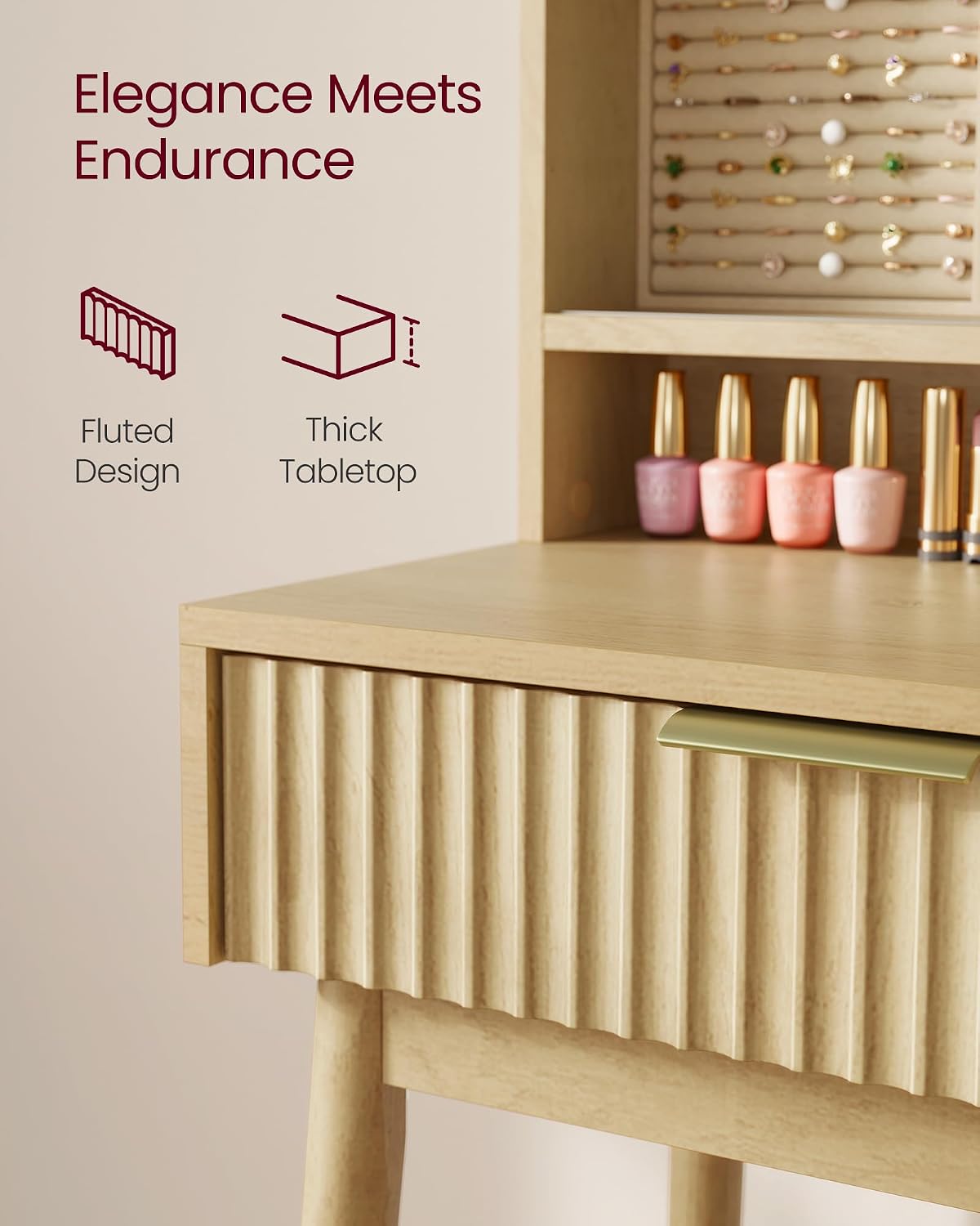 VASAGLE Fluted Vanity Desk with Sliding Mirror and Lights, 5 Drawers