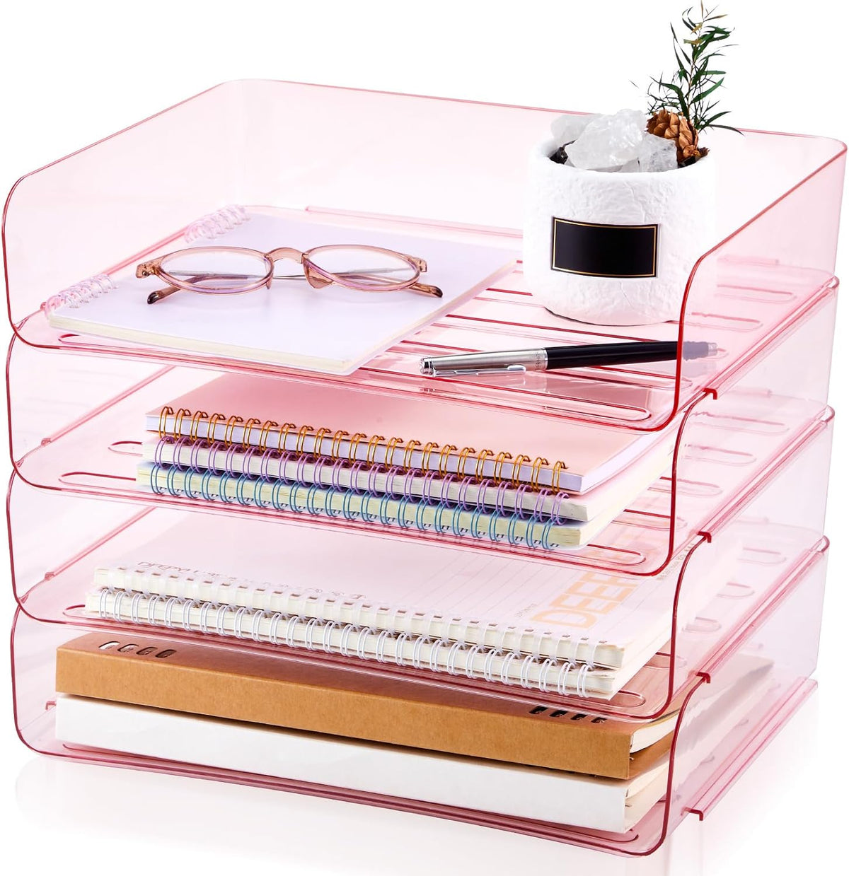 Harloon 4 Tier Paper Organizer Clear Pink Letter Tray Acrylic File Tray