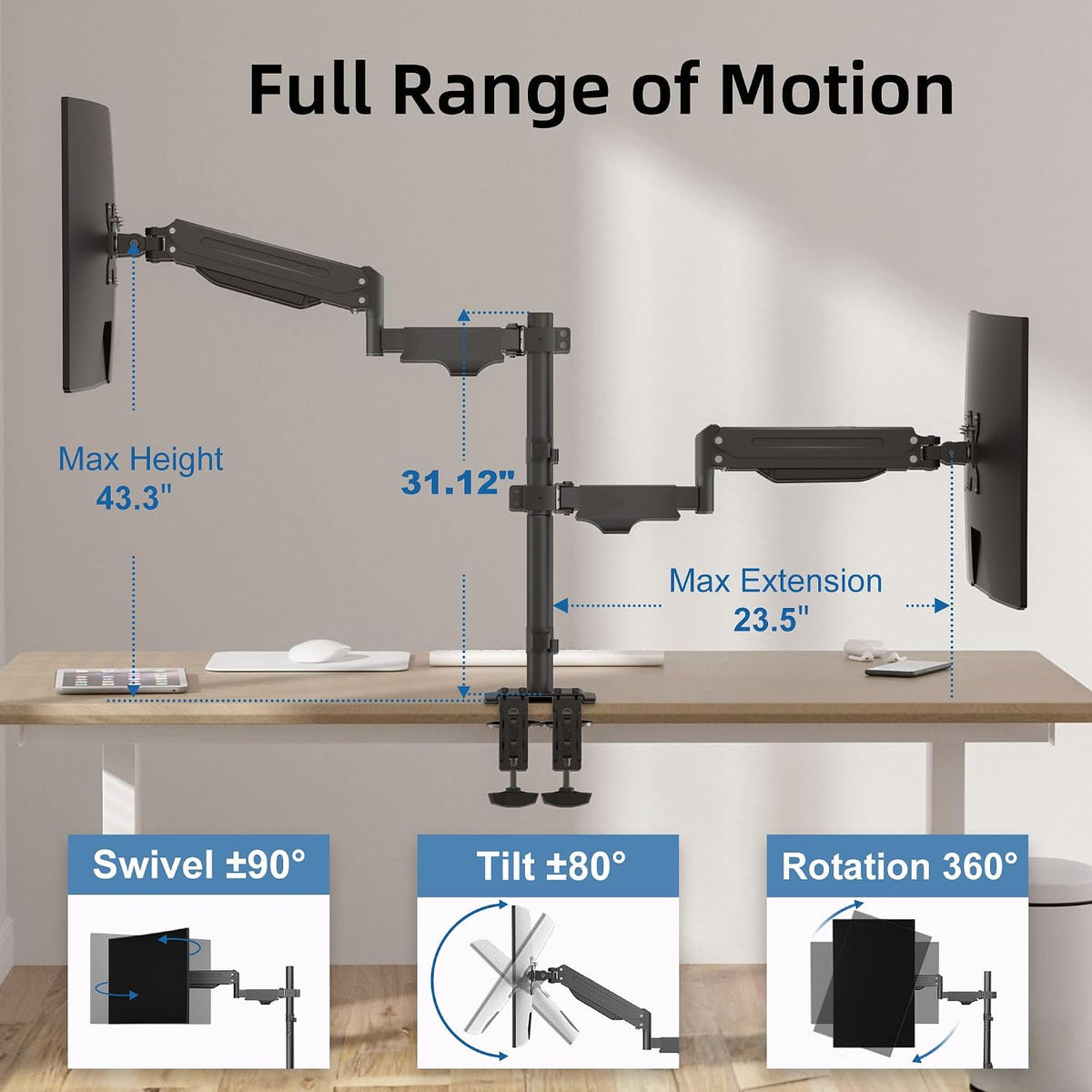 Suptek Dual Monitor Mount Stand-Height Adjustable Gas Spring Monitor Arm