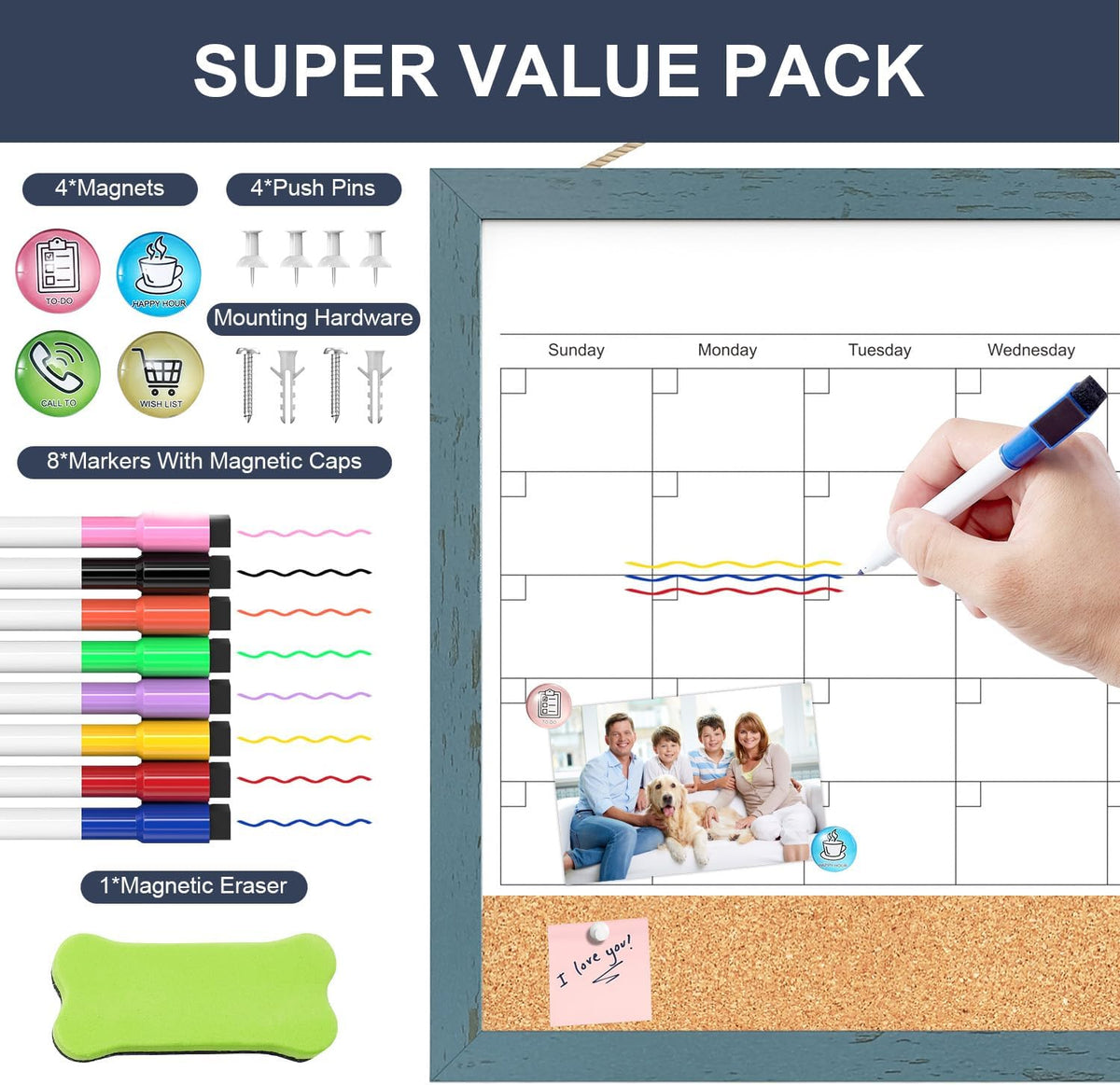 Tankee Whiteboard Calendar, 24x18 Hanging Dry Erase Calendar for Wall