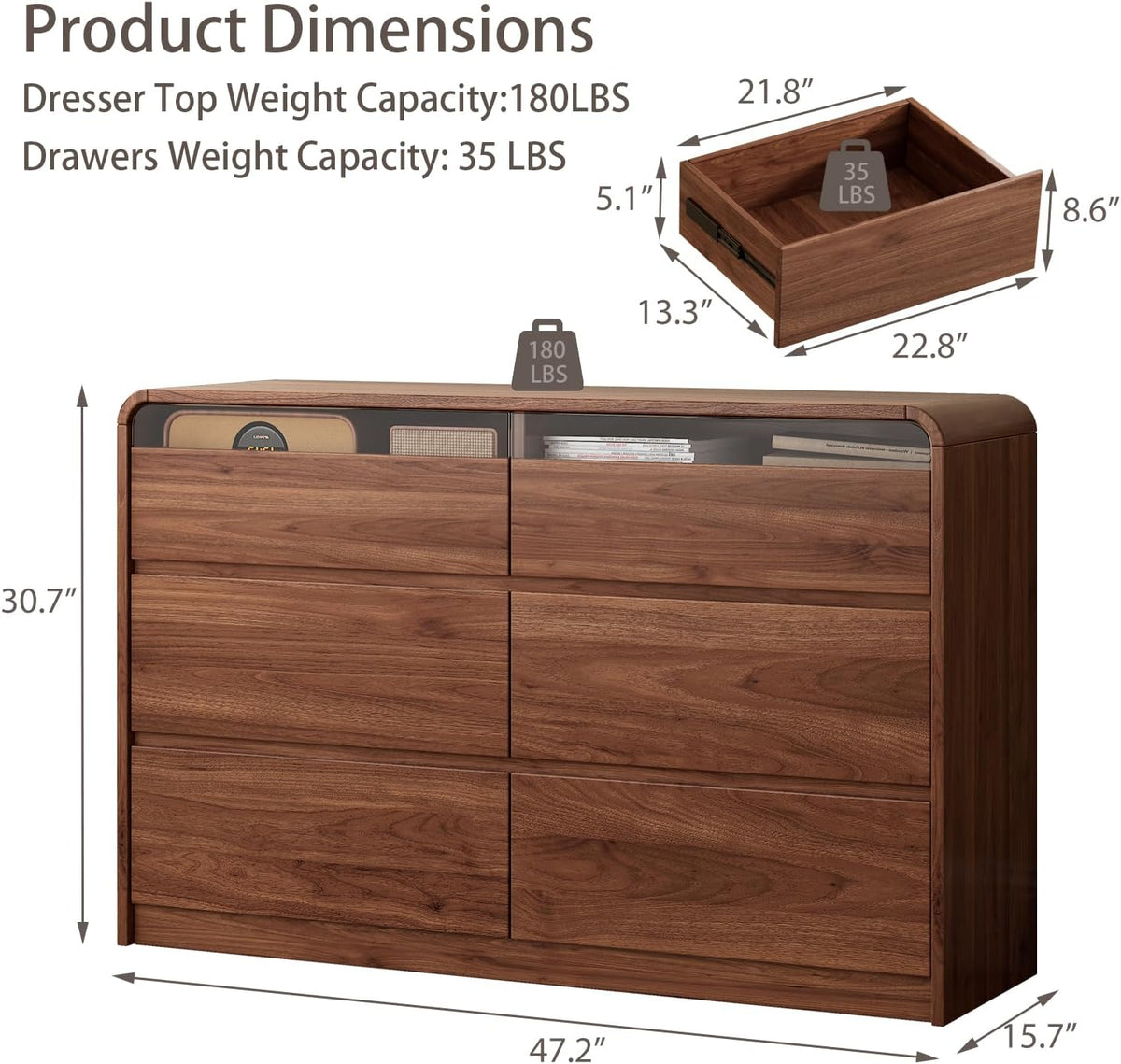 Ieejdn 47.2" Dresser with 6 Drawer, Wide Dresser with Recessed Glass Display & Silent Metal Rails, Handleless Chest of Drawers for Clothes, and Bedding, Russet