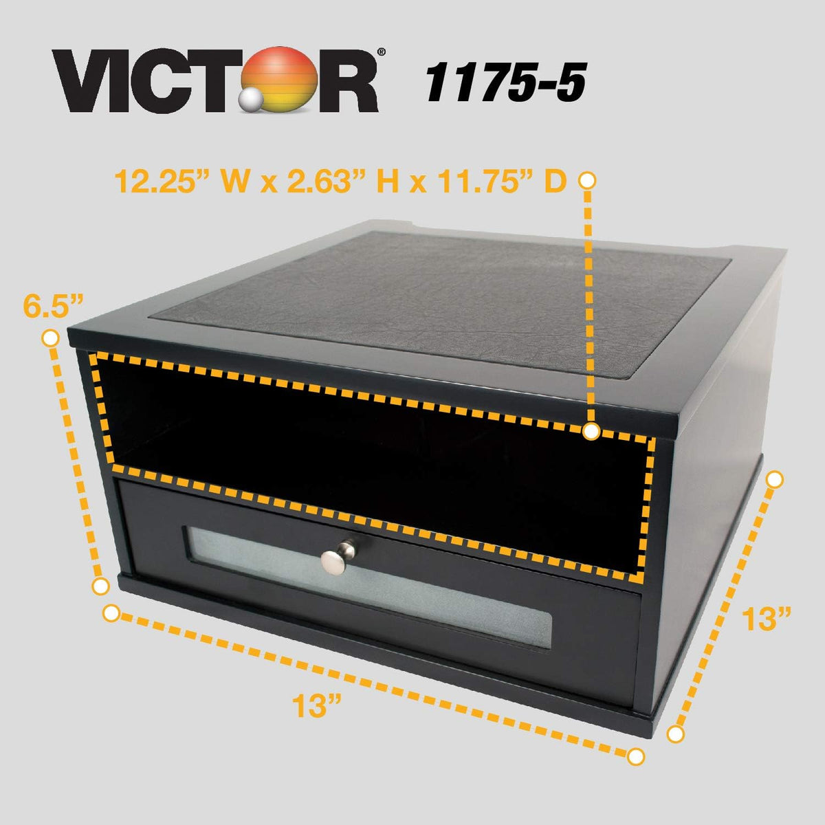 Victor Monitor Riser with Drawer and Storage Shelf - Wood Monitor Stand for Desk, Desk Organizer with Faux Leather Top, Organize Office Supplies, 13 x 13 x 6.5-Inches, Midnight Black
