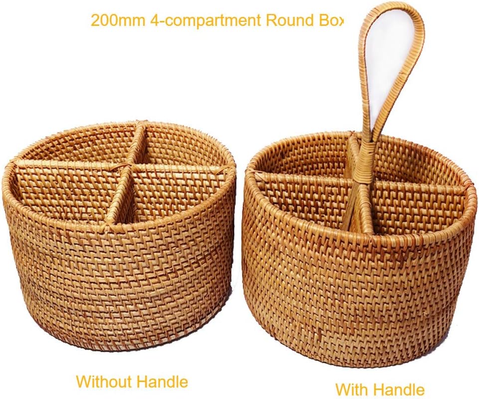 i-lan Natural Rattan 4 Compartments Storage Holder Cosmetics Organizer Utensil and Seasoning Bottle Serving Basket for Party(200mm 4-compartment Round Box)