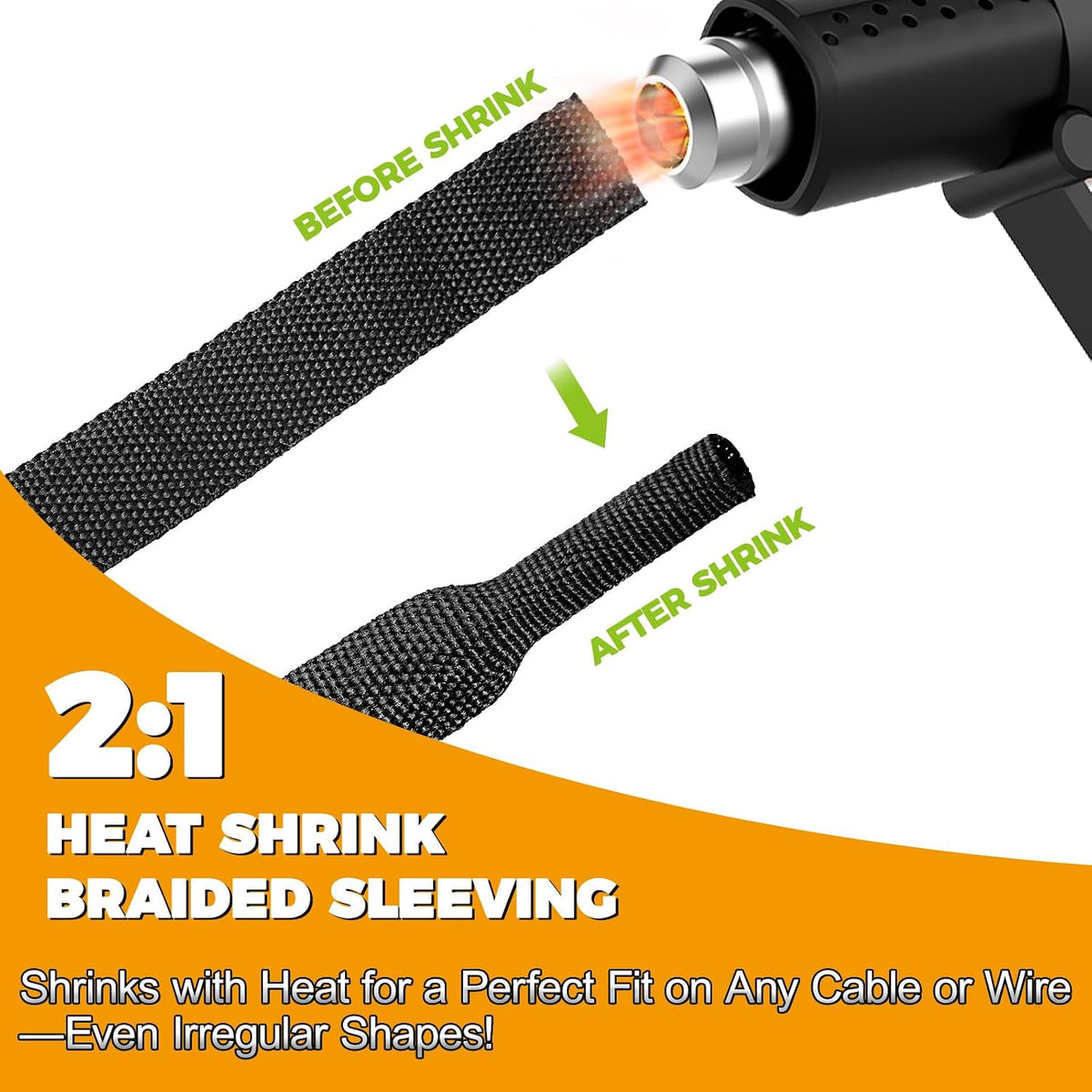 16 Ft-1 Inch 2:1 Heat Shrink Wire Loom Braided Cable Sleeves, Heat Resistant Fabric Woven Shrink Tubing Wiring Harness for Protection Automotive, Harness Cable Sheath Tubing, Cable Management