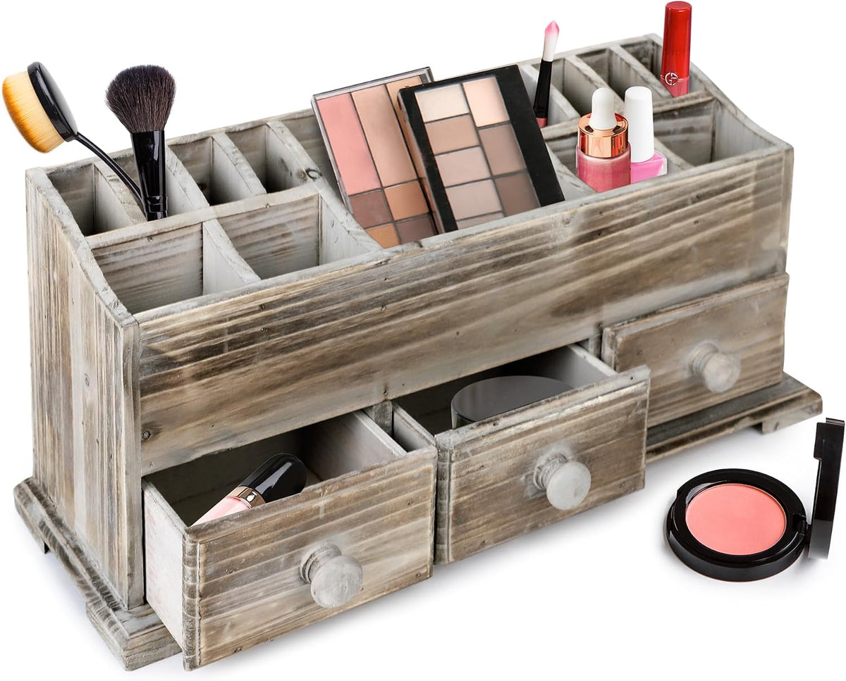 Besti Rustic Vanity Organizer for Cosmetics, Makeup, and Bathroom Accessories, Wooden Farmhouse Storage Box with 3 Drawers, Vintage Countertop, Dresser, or Desk Organization