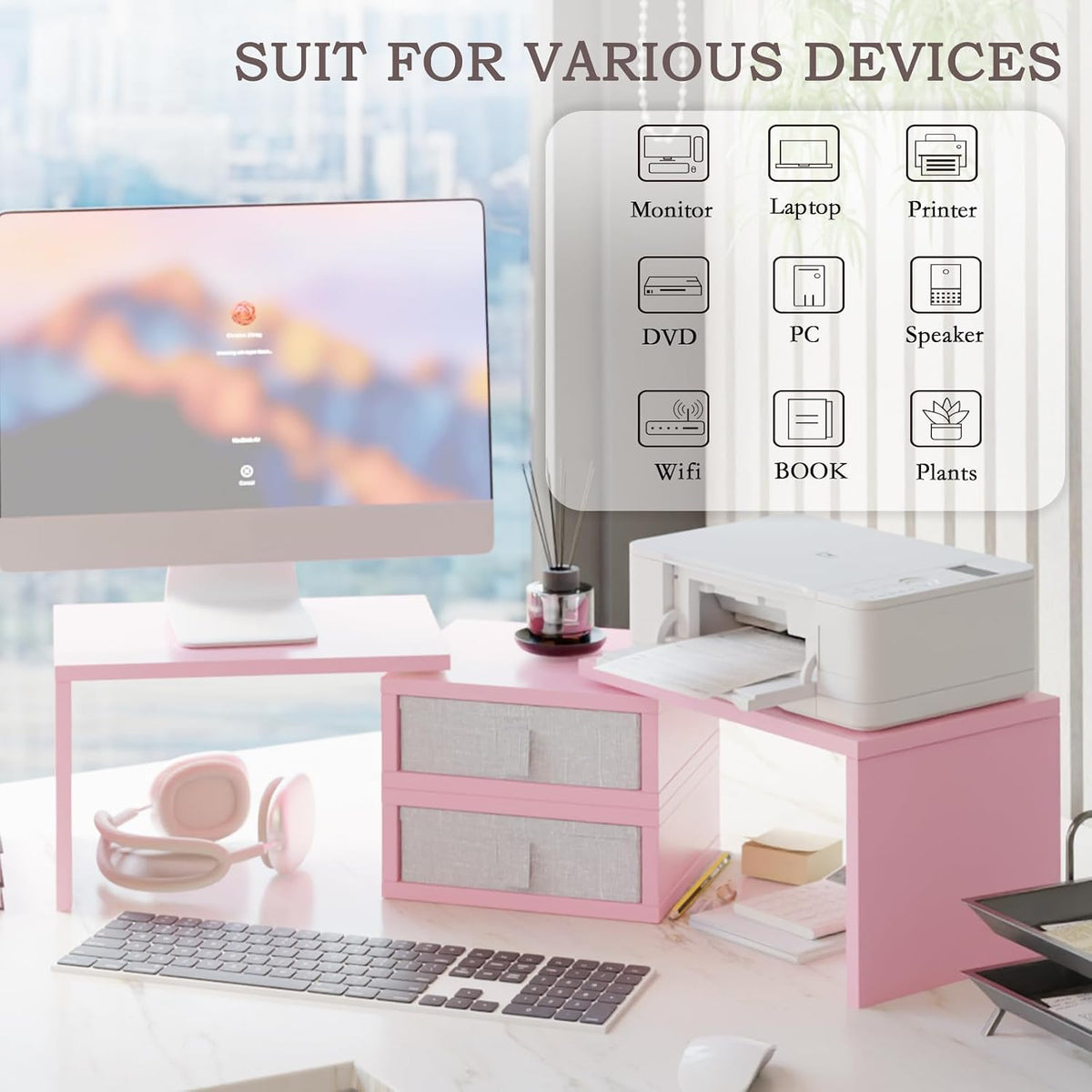 TEAMIX Pink Dual Monitor Stand Riser with 2 Drawers - Length and Angle Adjustable Double Corner Desk Shelf Organizer 37 inch for 2 Laptop/PC/Screen/TV (2 Drawers - 8''H)