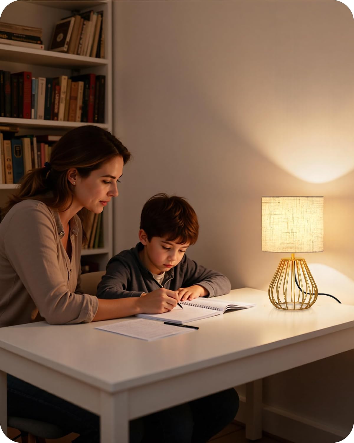 Gold Table Lamp, 12.6'' Small Table Lamp with Beige Linen Lampshade & Gold Cage Base, Modern Little Cute Desk Lamp, Bedside Lamp for Bedroom, Living Room, 2700K LED Bulb Included, DE06TL05