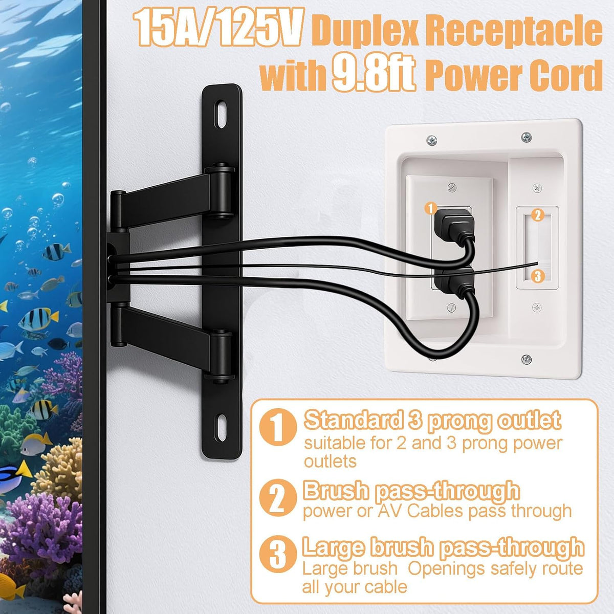 in-Wall TV Cable Management Kit with Recessed Dual AC Outlet, 9FT Extension Cord & Brush Wall Plate, TV Wire Hider for Wall Mounted TV, Power & Low Voltage Cable Concealer (2AC)