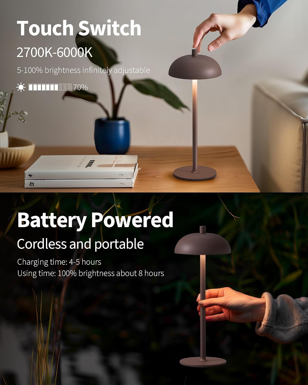 12" Cordless Table Lamps Set of 2, Brown Modern Portable Desk Lamp