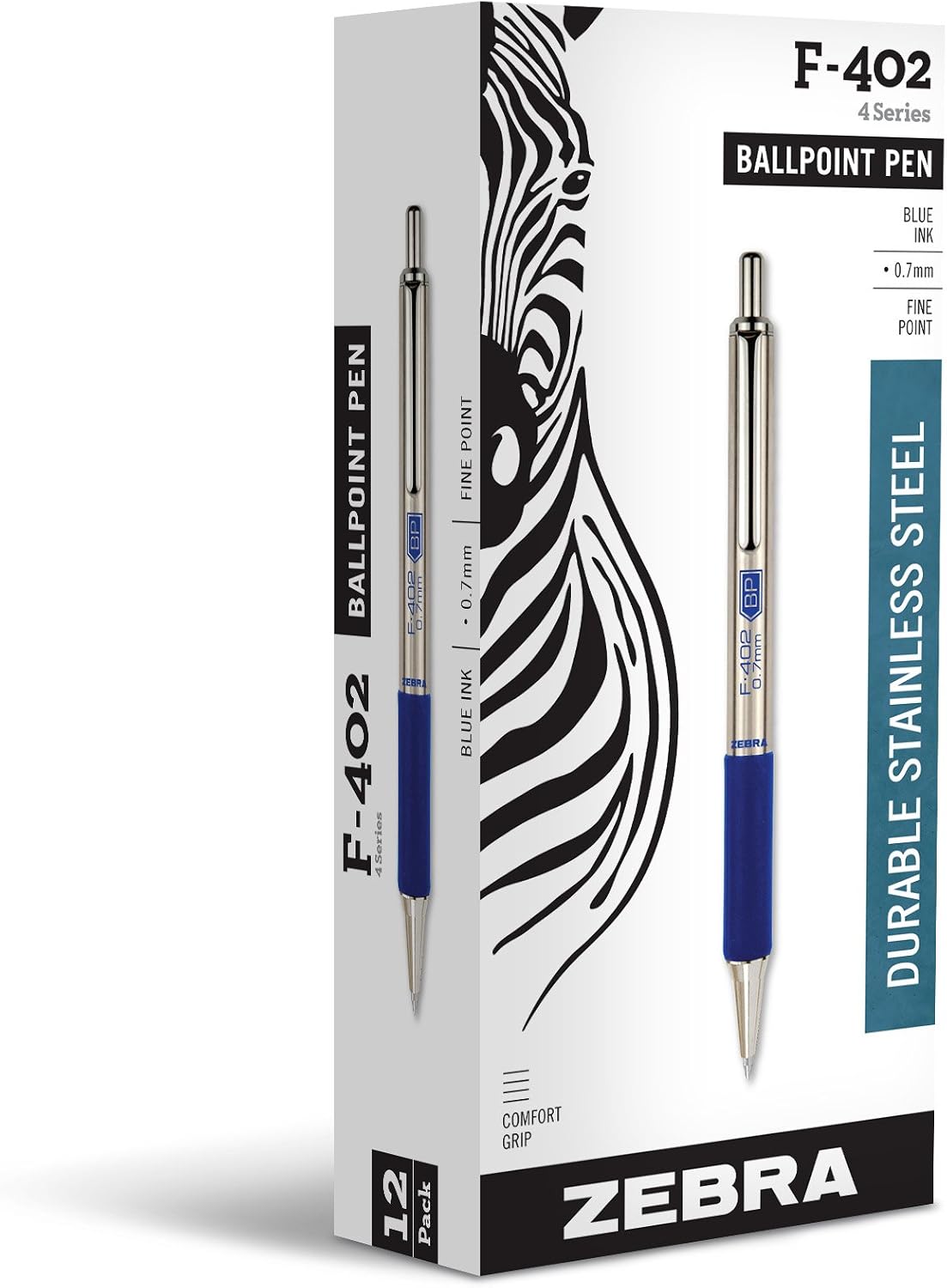 Zebra Pen STEEL F-402 Retractable Ballpoint Pen, Blue Ink, 0.7mm, 12-Pack