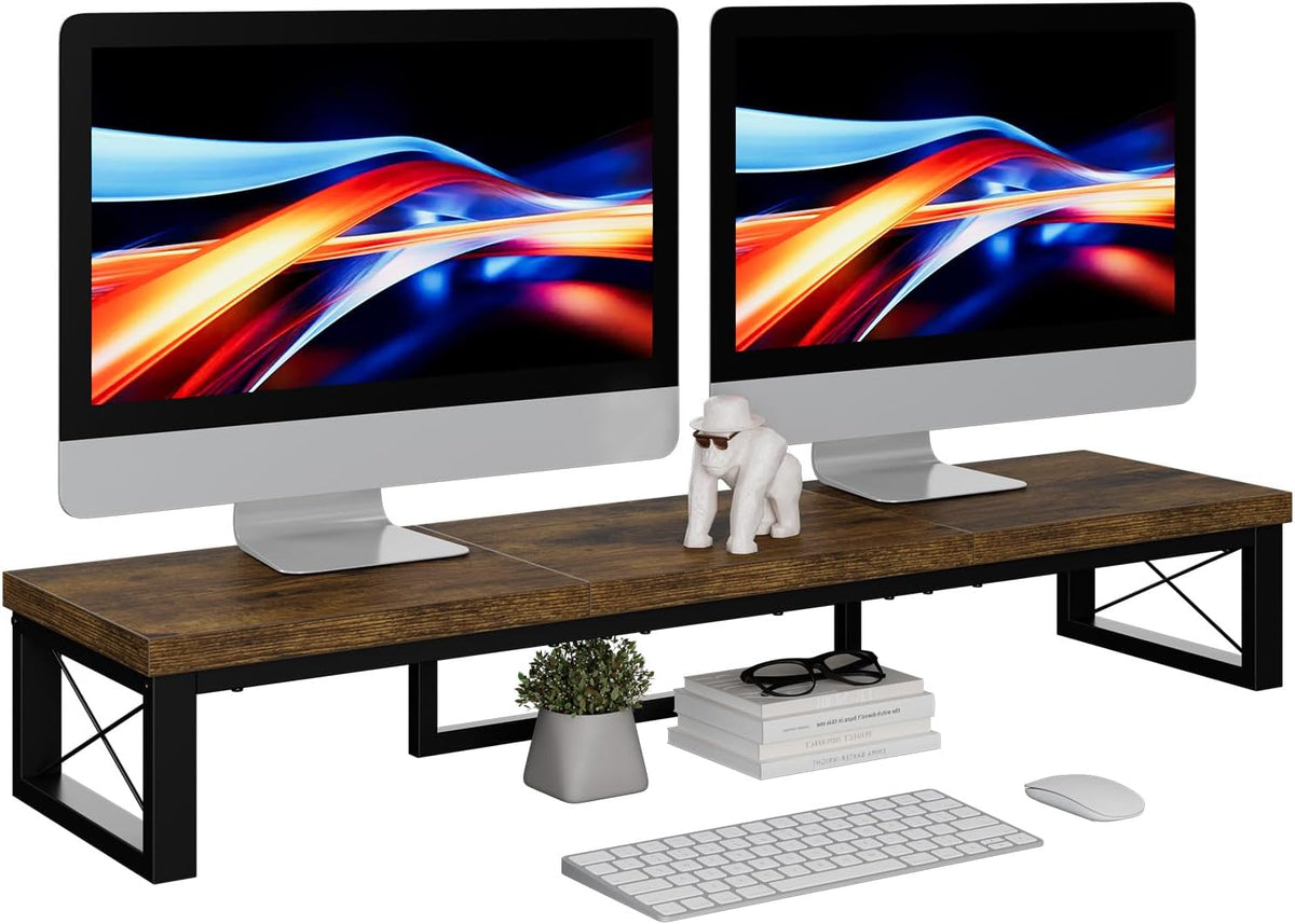 IBUYKE Large Dual Monitor Stand Riser for 2 Monitors, Wooden Desktop Computer Monitor Stand Storage Shelf and Steel Legs,Dual Screen Office Desk,Monitor Riser for Computer, Printer,Laptop,TV,Rustic Brown UTDJ002H