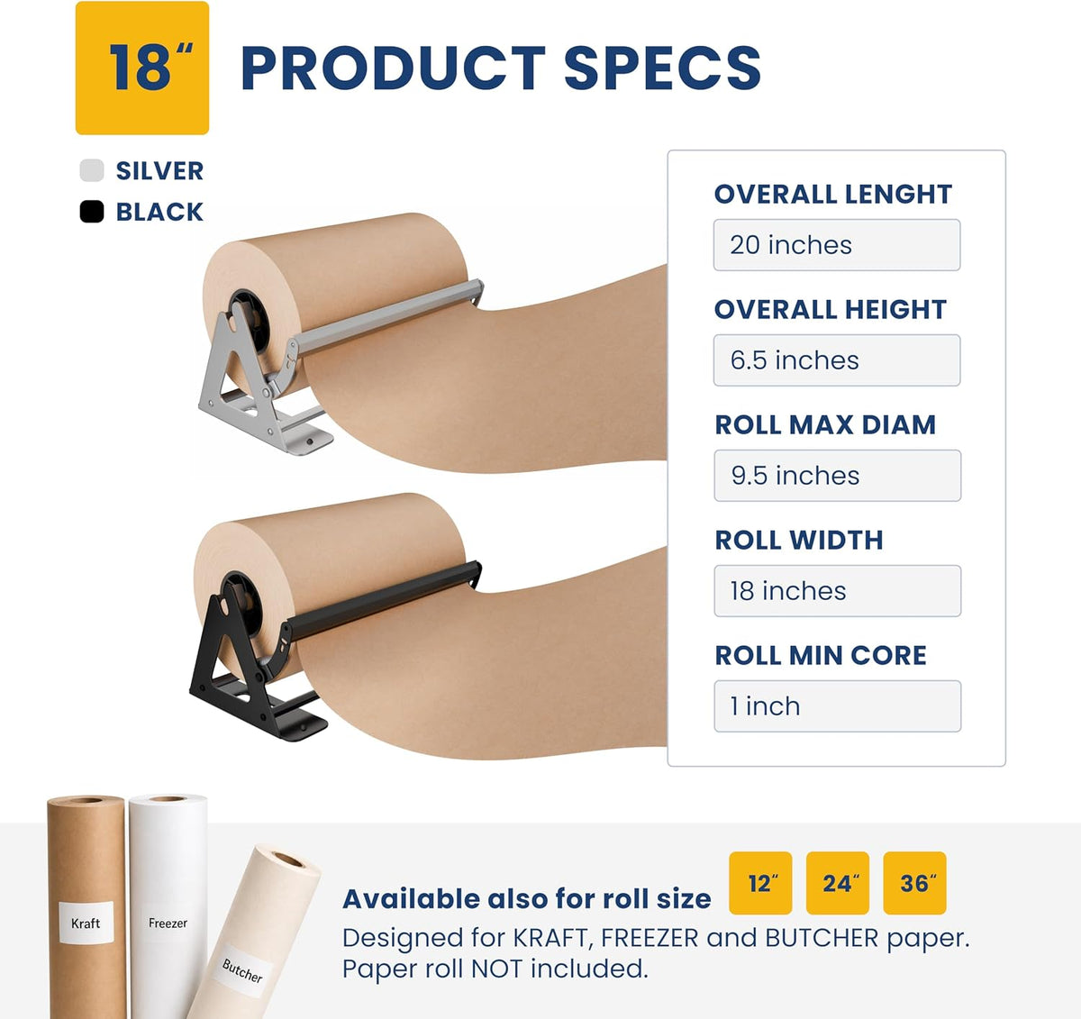 DIY Crew 18 Inch Paper Roll Dispenser and Cutter - Heavy-Duty Wall Mountable, Non Slip Tabletop - Kraft, Freezer, Butcher Paper - Up to 1000ft Rolls