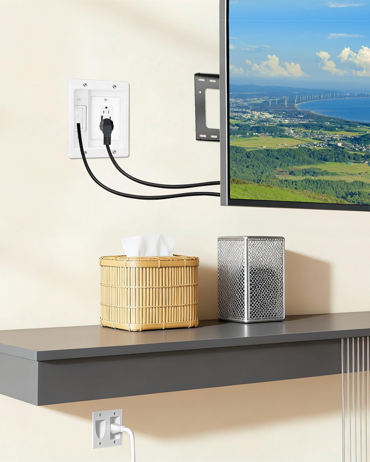 FORGING MOUNT TV Cord Hider for Wall Mounted TV with 2 AC Outlets,USB-A/USB-C Ports,in-Wall Cable Management Kit,Hide All Cables & Wires Behind The AV,Includes Drill Templates,Extension Cord-White
