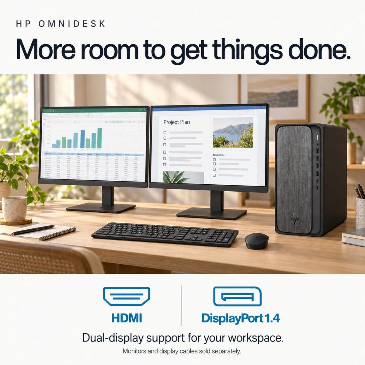 HP OmniDesk Business Tower Desktop, AMD Ryzen 5 8500G (8 Cores, Up to 5GHz), 16GB DDR5, 256GB SSD, WiFi 6, Bluetooth 5.4, Radeon 740M Graphics, 4 Displays, Wireless Keyboard&Mouse