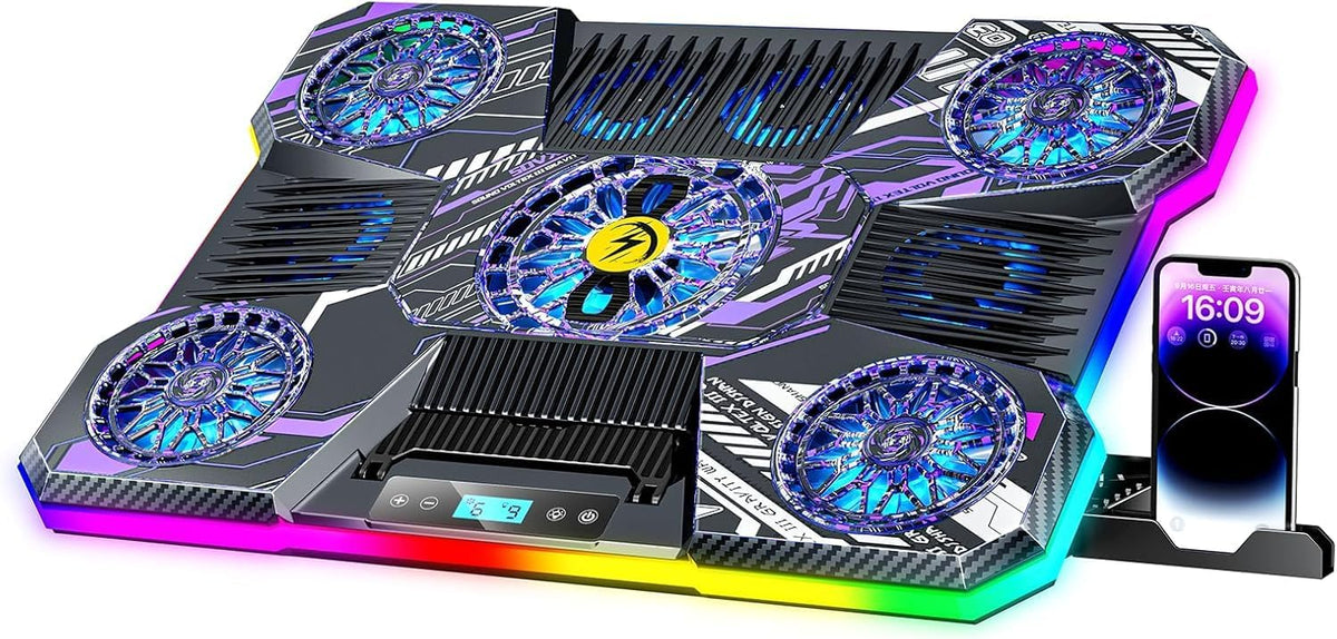 ChillCore RGB Laptop Cooling Pad, Gaming Laptop Fan Cooling Pad 9 Fans for 15.6-19.3 Inch Laptops, Laptop Cooler with 8 Height Stands, 2 USB Ports - A21 Pattern