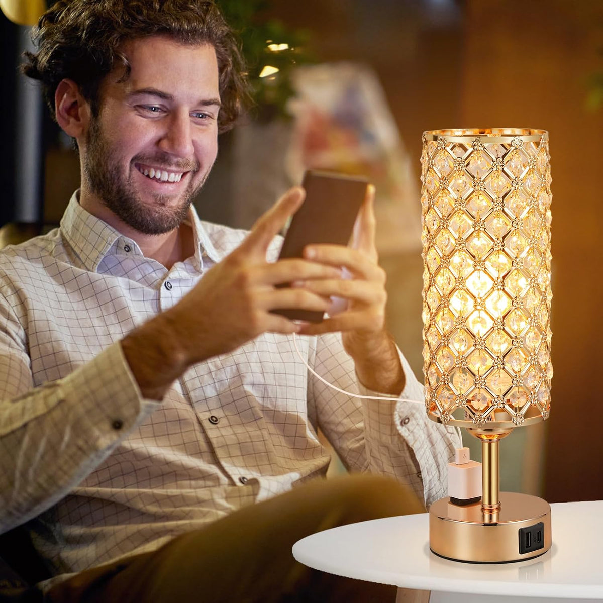 Hong-in Gold Lamps Set of 2, Dimmable Gold Lamps for Nightstand with USB-C+A & AC Charging Ports, 3-Way USB Crystal Lamp, Bedside Desk Light for Bedroom Living Room Home Office(Bulb Included)