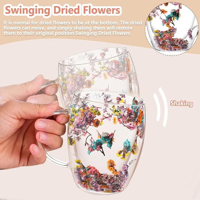 Gifts for Women Dried Flowers Double Wall Glass Coffee Mugs Cute Glass Tea Cups