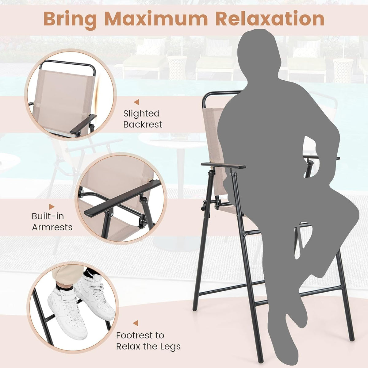COSTWAY Outdoor Folding Bar Chairs Set of 2 with Armrest and High Back
