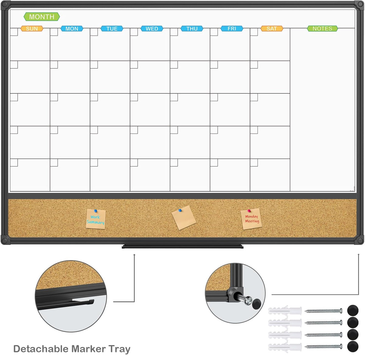JILoffice Magnetic Calendar Whiteboard & Bulletin Corkboard Combination, Combo Board 36 x 24 Inch, Black Aluminum Frame Wall Mounted Board for Office Home and School with 10 Push Pins