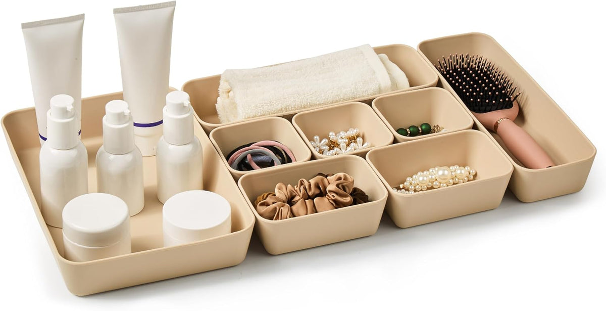 ISSEVE 8Pcs Silicone Bathroom Drawer Organizer Trays Set, 4 Sizes, Beige