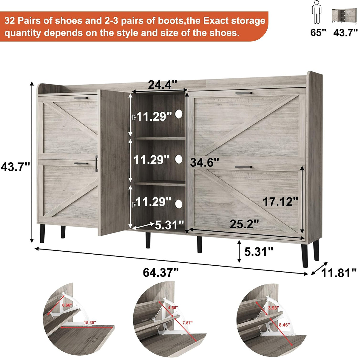 HOMEFORT Large Shoe Cabinet with 4 Flip Drawers, Farmhouse Narrow Shoe Organizer Cabinet for Entryway, Hidden Shoe Rack with Adjustable Side Cabinet for Boot Storage,6 Wood Legs, Washed Gray