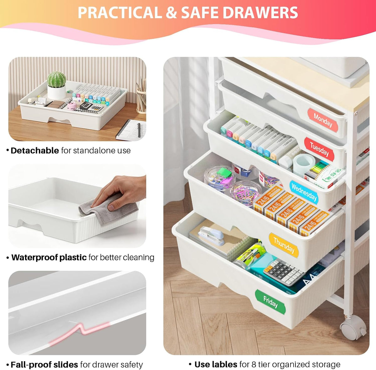 Goovilla Rolling Cart with 5 Drawers for Craft, Art, Dorm, Office, White
