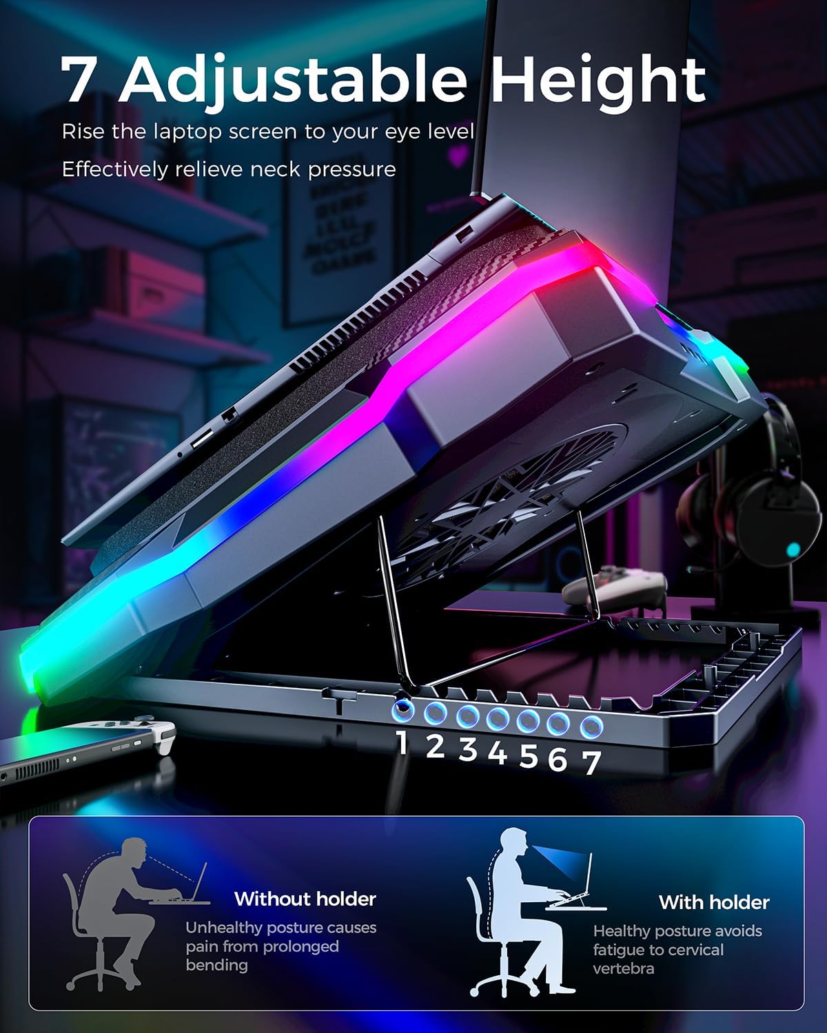 KeiBn Gaming Laptop Cooling Pad, Laptop Fan Cooling Pad with 5.5inch RGB External Fan, Rapid Cooling Laptop 15.6-19.3inch, 8 Height Stands, 2 USB Ports, Phone Holder-K1 5V RGB