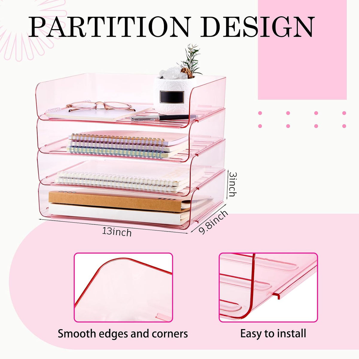 Harloon 4 Tier Paper Organizer Clear Pink Letter Tray Acrylic File Tray