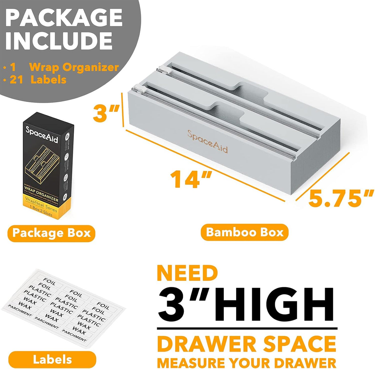 SpaceAid WrapNeat 2 in 1 Wrap Organizer with Cutter and Labels, Plastic Wrap, Aluminum Foil and Wax Bamboo Dispenser for Kitchen Storage Organization Holder for 12" Roll (Gray)