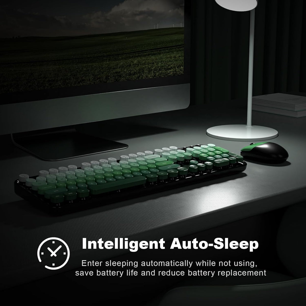 MOFII Wireless Keyboard and Mouse Combo, 2.4GHz Retro Typewriter Keyboard Full Size, Cute Wireless Mice, USB Dongle Plug and Play, for Laptop, PC, Desktop, Windows (Black Green Gradient Color)